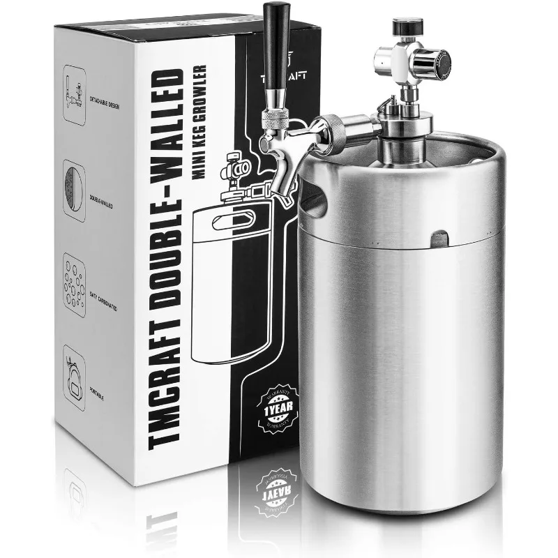 

TMCRAFT 128OZ Double-Walled Mini Keg Growler, Pressurized Home Beer Dispenser System with Detachable Faucet and Regulator