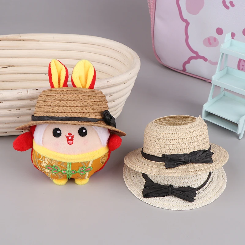 Kawaii Labubu Plush Doll Straw Hat Bowknot Weave Hat Simulation Mini Open Top Caps Doll Clothes Outfit Accessories