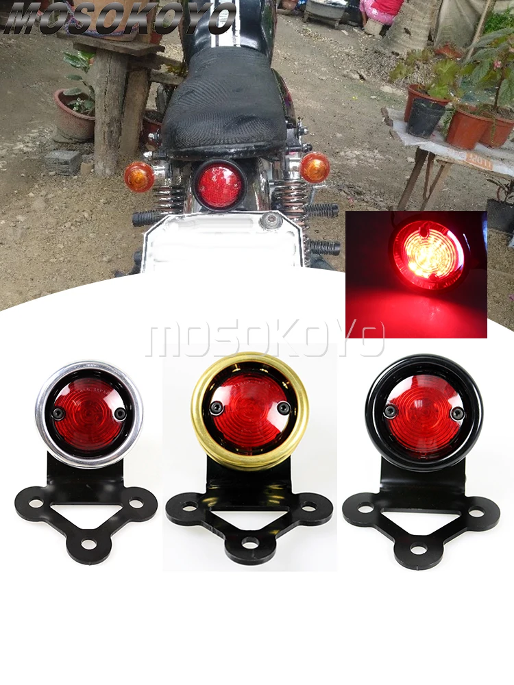 Motorcycle Brass LED Retro Rear Tail Brake Stop Light Lamp License Plate Mount Taillight for Harley Honda Suzuki Chopper Bobber