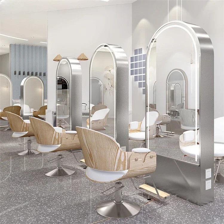 Keeson Luxury High Quality Hair Salon Furniture Set Haircut Styling Makeup Floor Golden Mirror Station For Sale Barber Shop