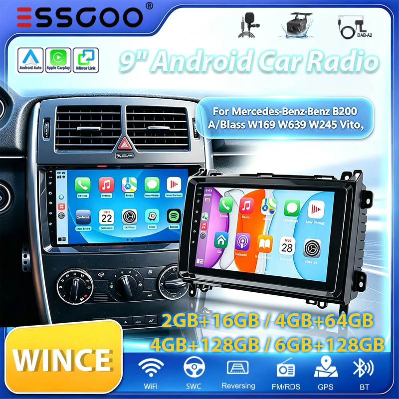 ESSGOO 9'' 2 DIN Android Autoradio Android 15 2+16G/4+64G/6+128G Für Mercedes_Benz W169 W245 B200 W906 Sprinter W639 Vito Wireless Carplay Android Auto GPS NAVI RDS FM WIFI Bluetooth Mirror Link