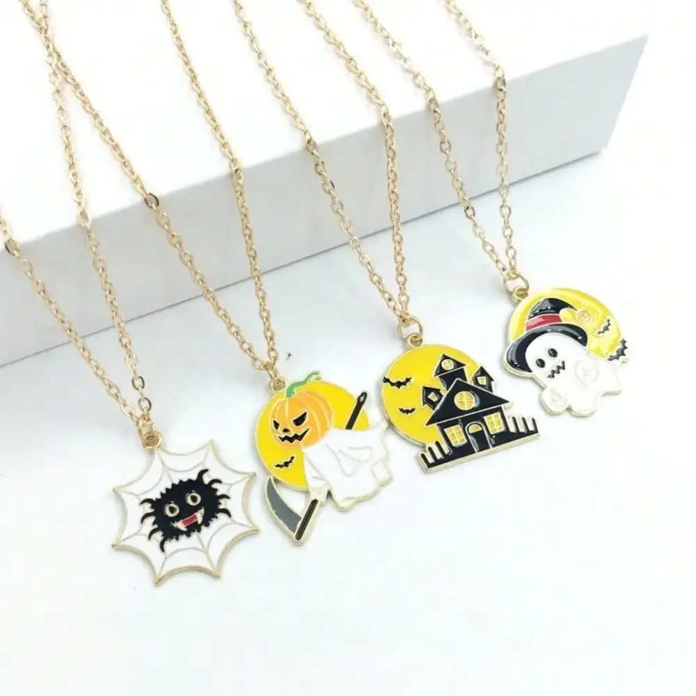 Halloween Ghost Pendant Necklace Spider Haunted House Oil Drop Alloy Jewelry Gift for Boys Girls Spooky Party Accessories