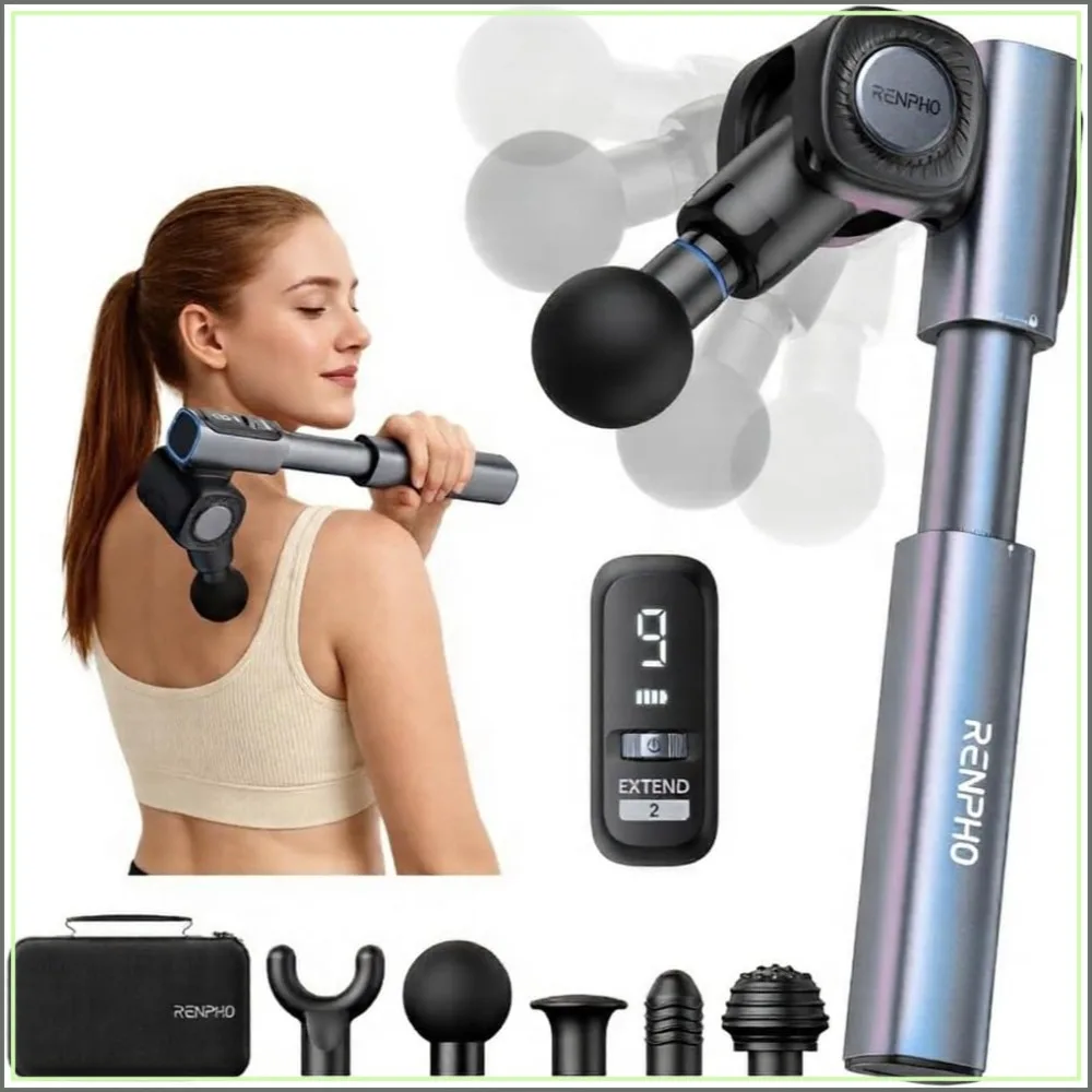 Foldable Massage Gun with Extension Handle for Back, 0-90° Adjustable Angle, Handheld Percussion Deep Tissue Massager with 9mm Amplitude for Pain Relief