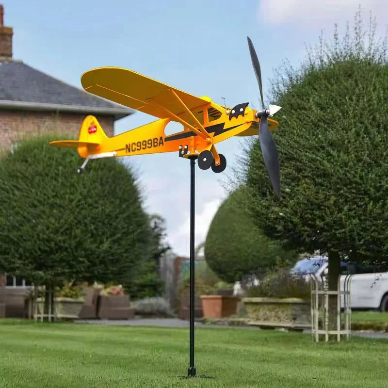 3D Piper J3 Cub Wind Spinner Plane Metal Airplane Weather Vane Outdoor Roof Wind Direction Indicator WeatherVane Garden Decor