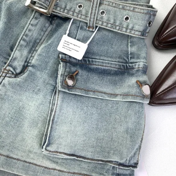 High-Waisted Slimming Elastic Skirt American Style Denim Short Skort Spring 2024 New Arrival Belt Large Pocket Work Wear