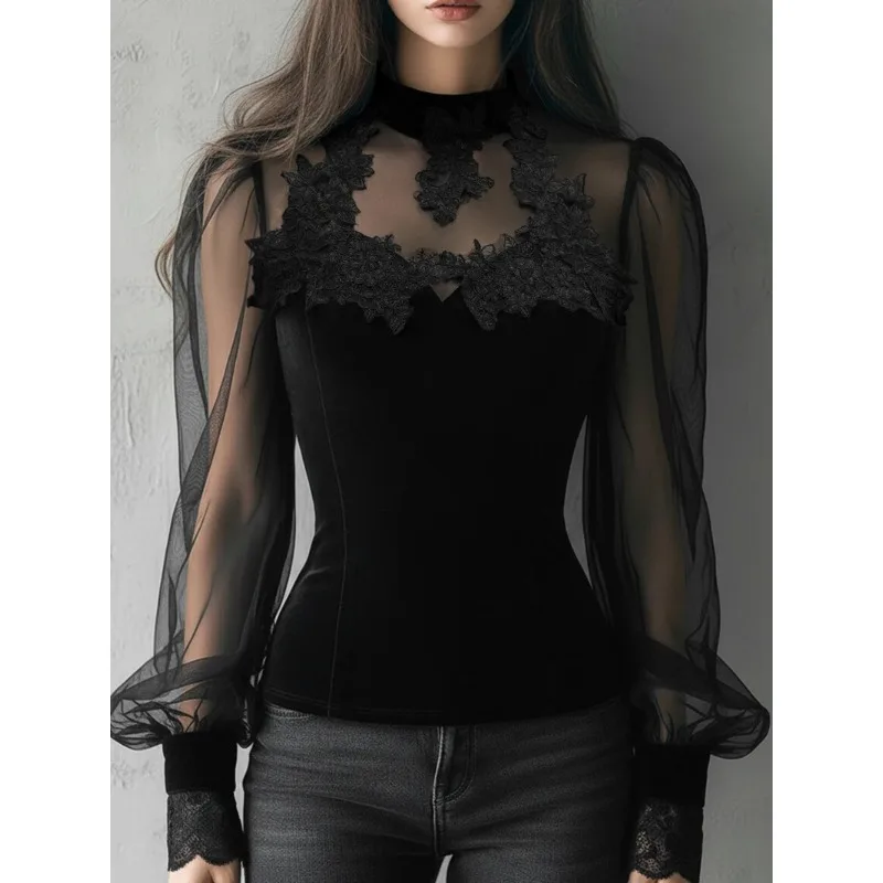 Franse Stijl Vrouwen Zwarte Shirts Elegante Kant Bloem Patchwork Fluwelen Blouses Vroege Lente Nieuwe Slanke Sheer Lange Mouw Top 2026