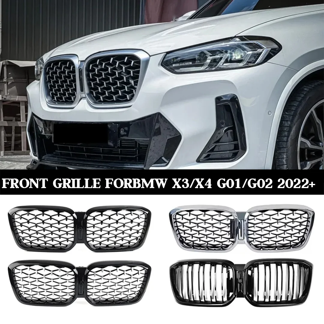 

For BMW X3 G01 X4 G02 2022+ Matte Black Double Line Front Kidney Grilles, Diamond Mesh Racing Grill Replacement