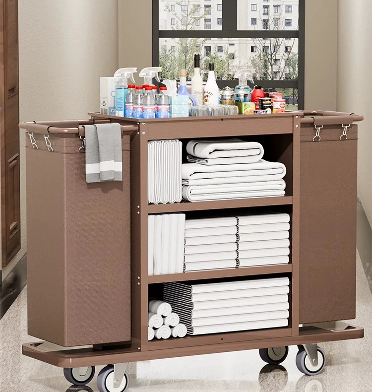 Multi-Function Housekeeping Cart, Linen Trolley for Guest Room Cleaning, Hotel Service Work Vehicle
