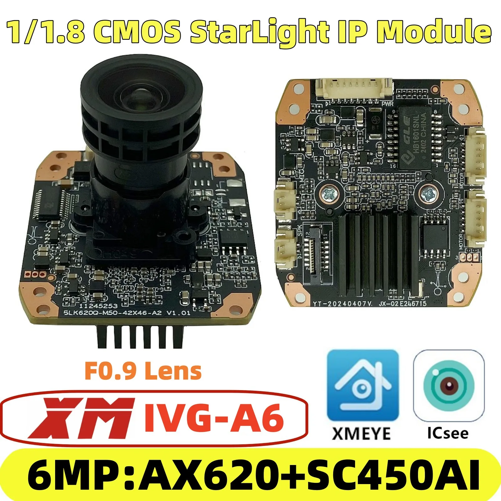 6MP XM 1/1.8Inch StarLight CMOS AX620+SC450AI IP Camera Module Board 3200*1800 P2P ICsee XMEYE Onvif RTSP All Color Radiator