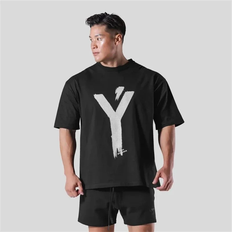 BIG Y Pattern Printed 100% Cotton T-Shirt Loose Oversized-Shirts LYFT-Men Clothing Street Casual Short Sleeve Tees Tops 3XL