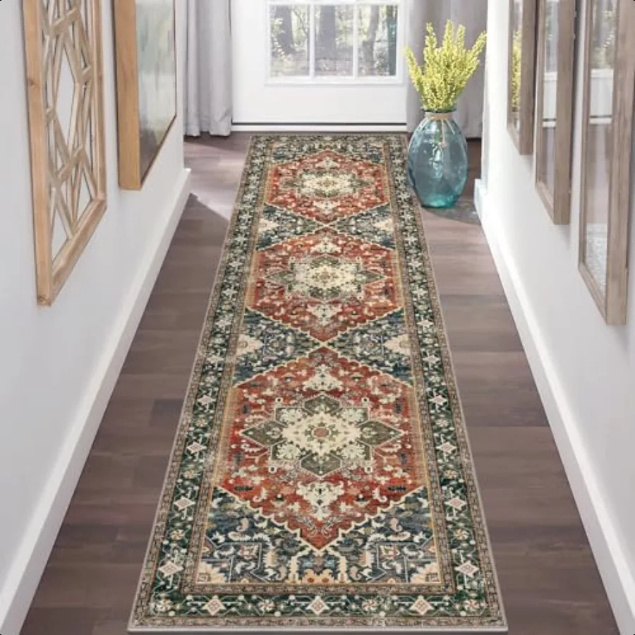 

Washable Runner Rug 2x8 NonSlip Boho Hallway Rug Runner with Rubber Backing Stain Resistant Low Pile Faux Wool Distred Carpet