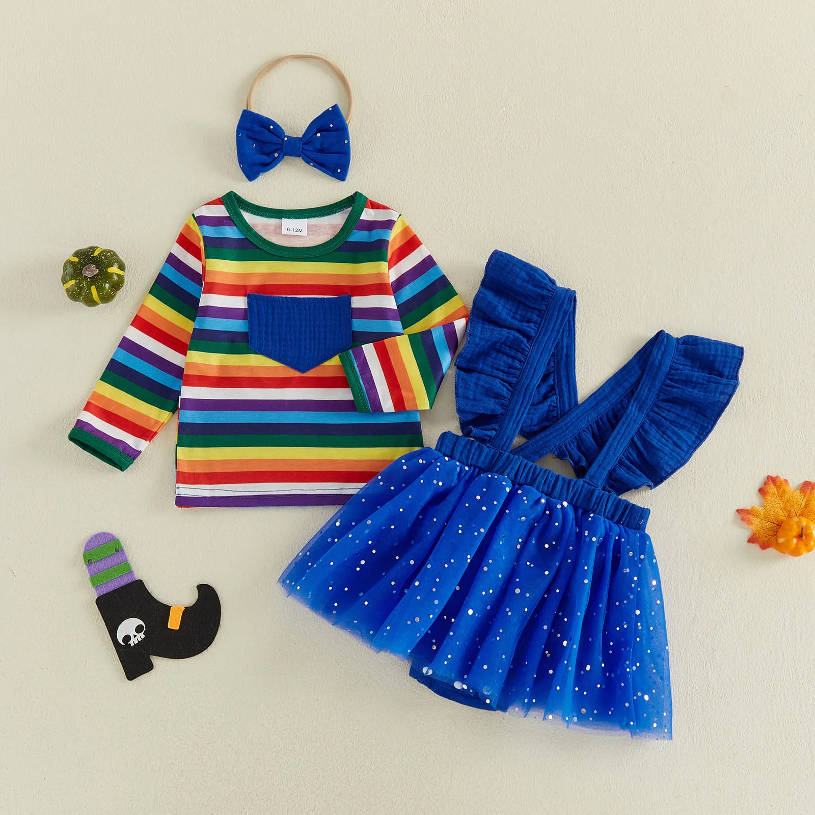 Baby Girl Halloween Outfits Long Sleeve Rainbow T shirt Tops Suspender Shorts Skirt  Headband Set Halloween Costume