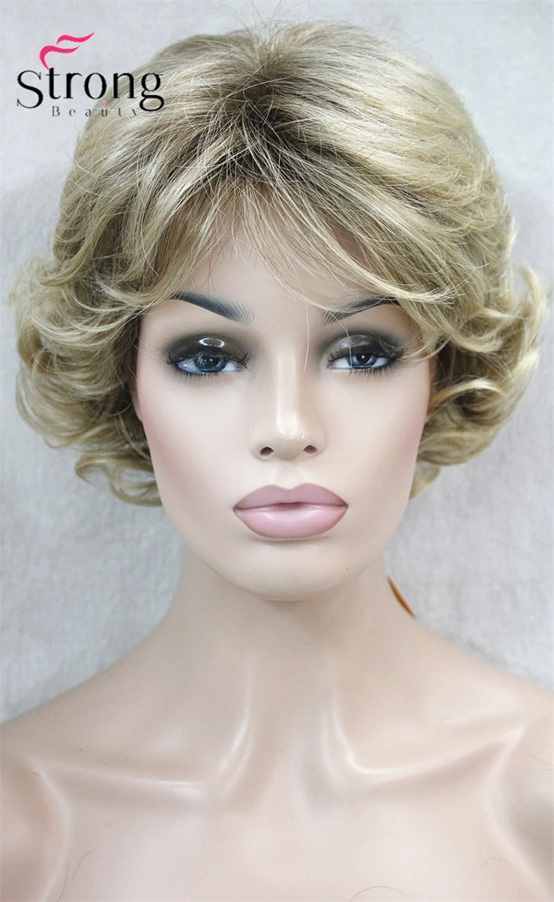 StrongBeauty Short Blonde Wig for Women Tousled Curls Ombre Blonde Full Synthetic Wigs for women COLOUR CHOICES