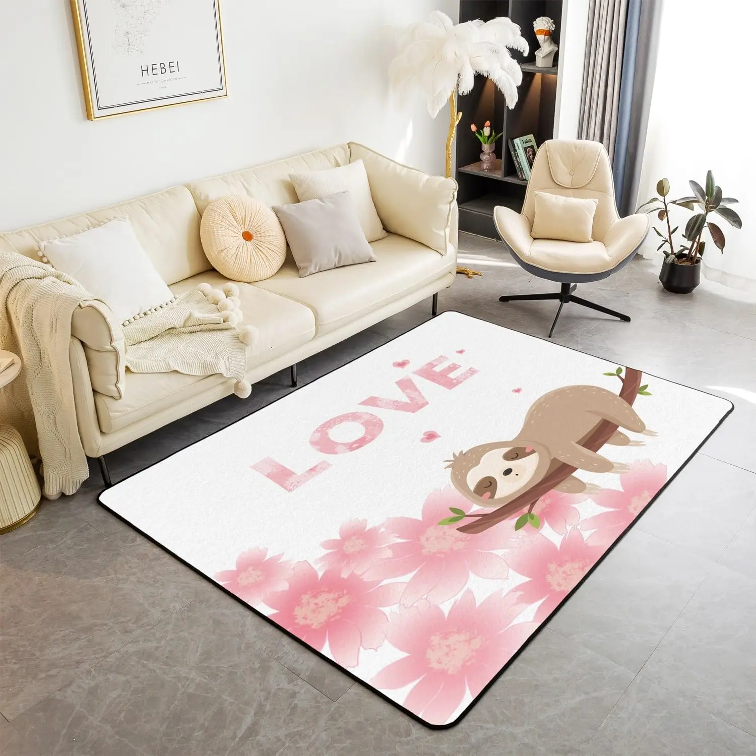 Cute Sloth Area Carpet Kids Cartoon Animal Decoration for Boys Girls Flower Floral Print Living Room Rugs Farm Zoo Garden Theme