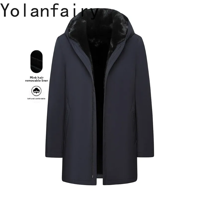 

YOLANFAIRY Top Quality Real Fur Coat Mink Natural Jacket Detachable Whole Mink Fur Liner Hooded Winter Mid-length Men Fur Parkas