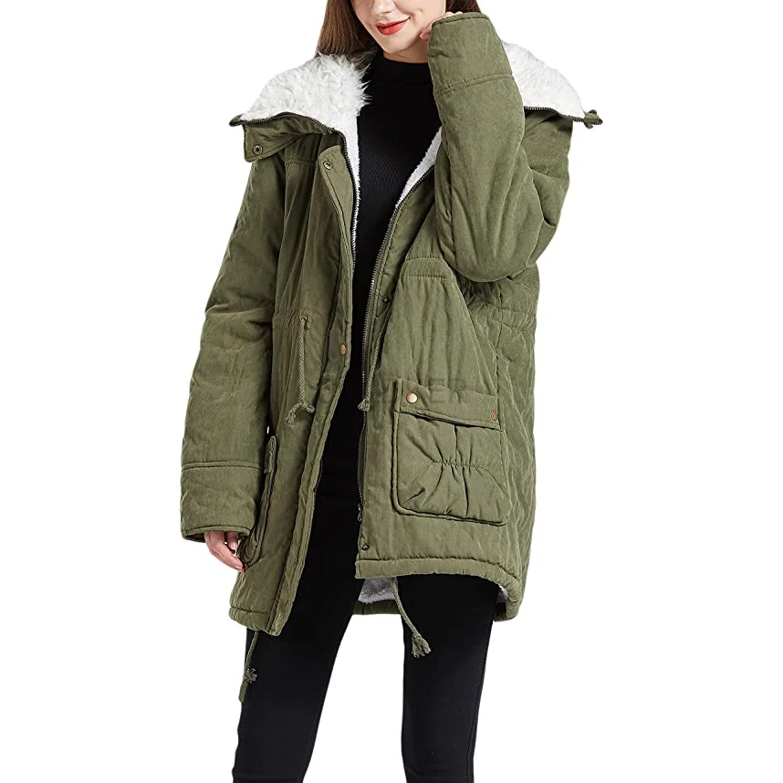 

Winter Cotton Coat Women Mid Length Thick Warm Faux Lamb Wool Lined Jacket Coat Solid Loose Parkas Green Black Autumn Outerwear