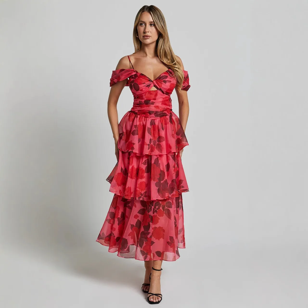 NovelTeez Vestido feminino sexy em camadas – maxi com alças fora do ombro com estampa floral e saia em camadas