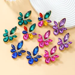 Shiny Fuchsia Purple Rhinestones Statement Stud Earrings for Women Bridal Wedding Fuchsia Jewelry