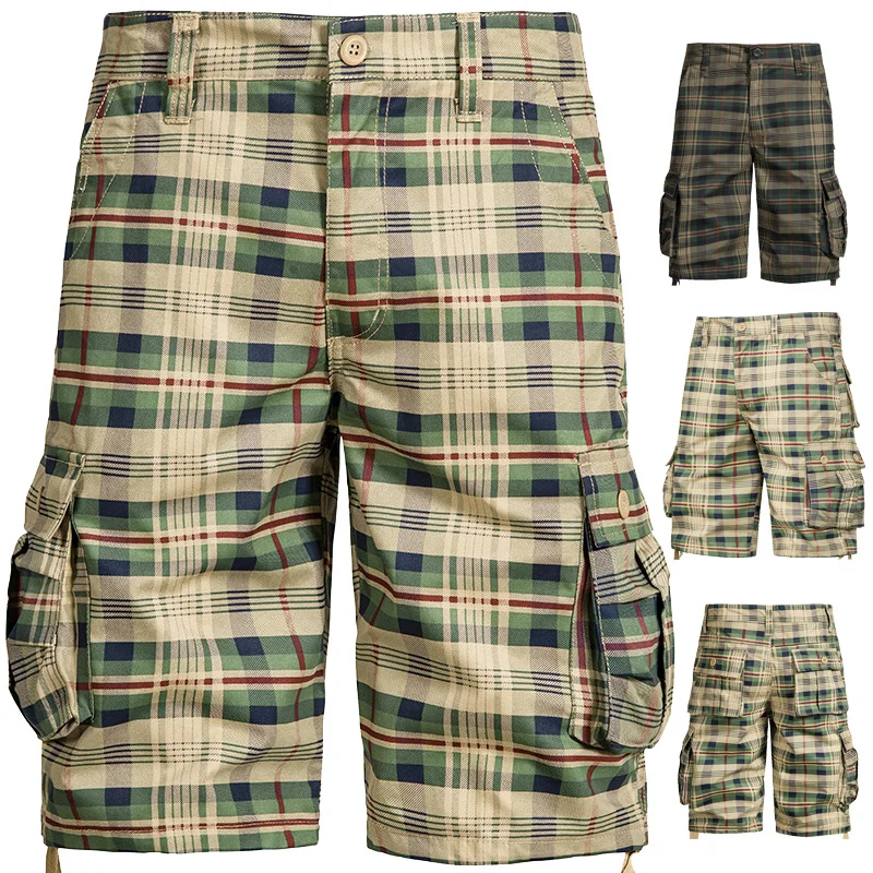 2024 New Summer 100% Cotton Plaid Shorts Men High Quality Casual Straight Men Cargo Shorts Multiple Pockets Beach Shorts MY936