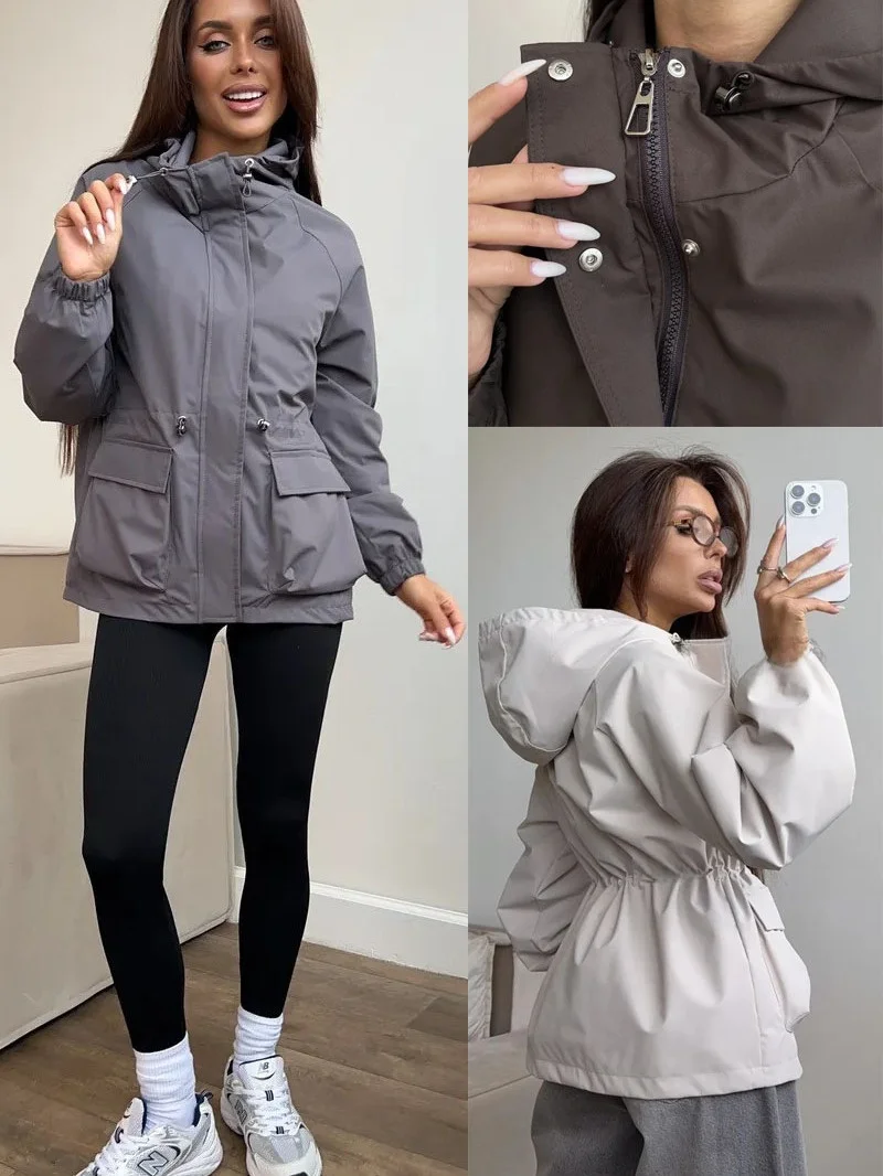 

Women's Casual Fashionable Waterproof Outdoor Climbing Coat Long Sleeve Hooded Drawstring Loose Fit Outerwear Polyester Fiber