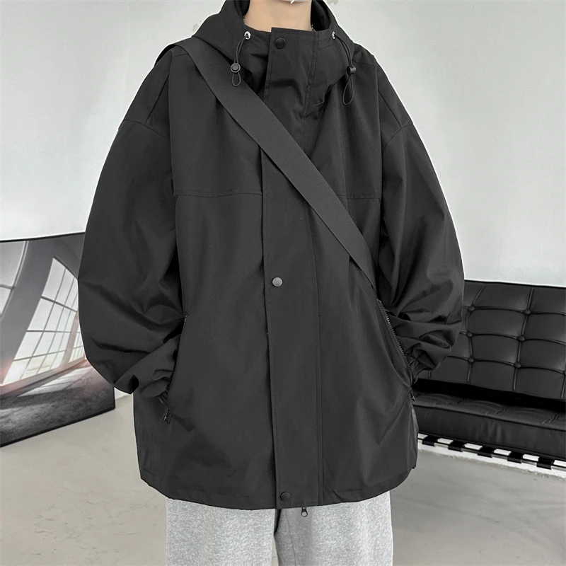 

Мужская ветрозащитная куртка свободного кроя с капюшоном в американском стиле, весенне-осеннее функциональное пальто в уличном стиле, повседневное свободное пальто больших размеров