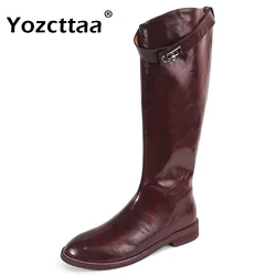 Yozcttaa Size 34-43 Women Knee Boots Soft Leather Ruched Thick Heel Shoes Fall Winter 2025 Ins Wide Calf Slip On Long Tall Boots