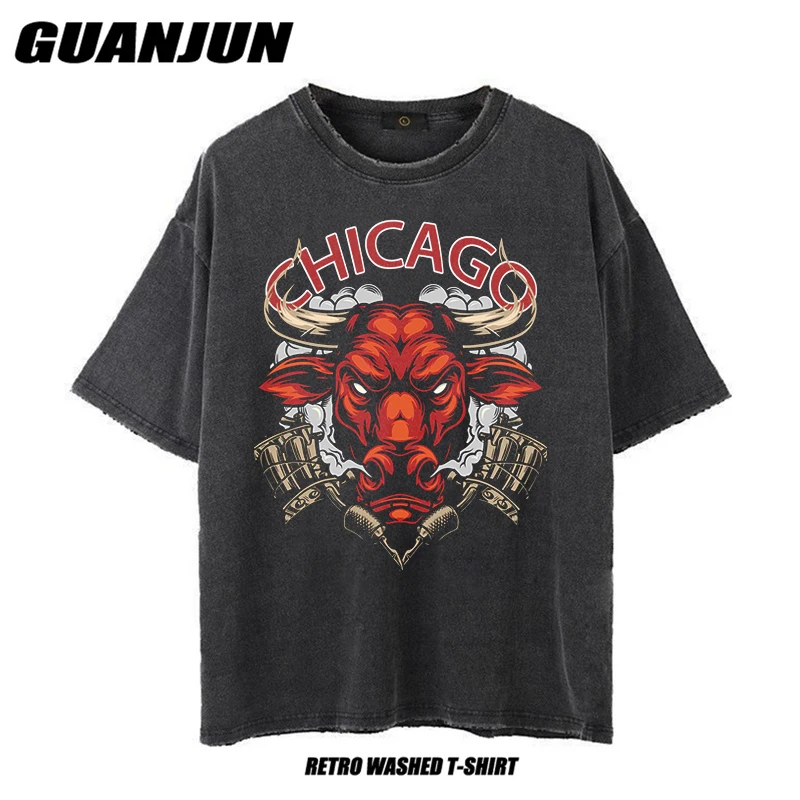 

2023 Chicago Skull Oversized T-shirt Casual Men Graphic Tshirts Grunge Hip Hop Washed T-shirts Vintage T-Shirts Man Streetwear