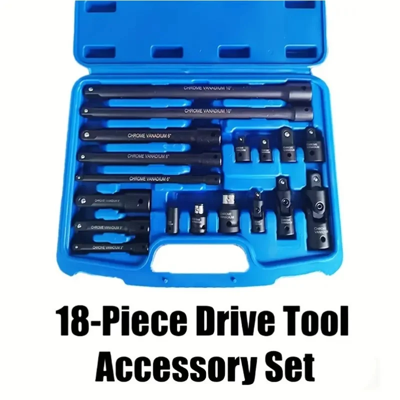New18Pieces Drive Tool Accessory Set Includes Socket Adapters Socket Extension Bar Swivel Universal Joints Impact Coupler