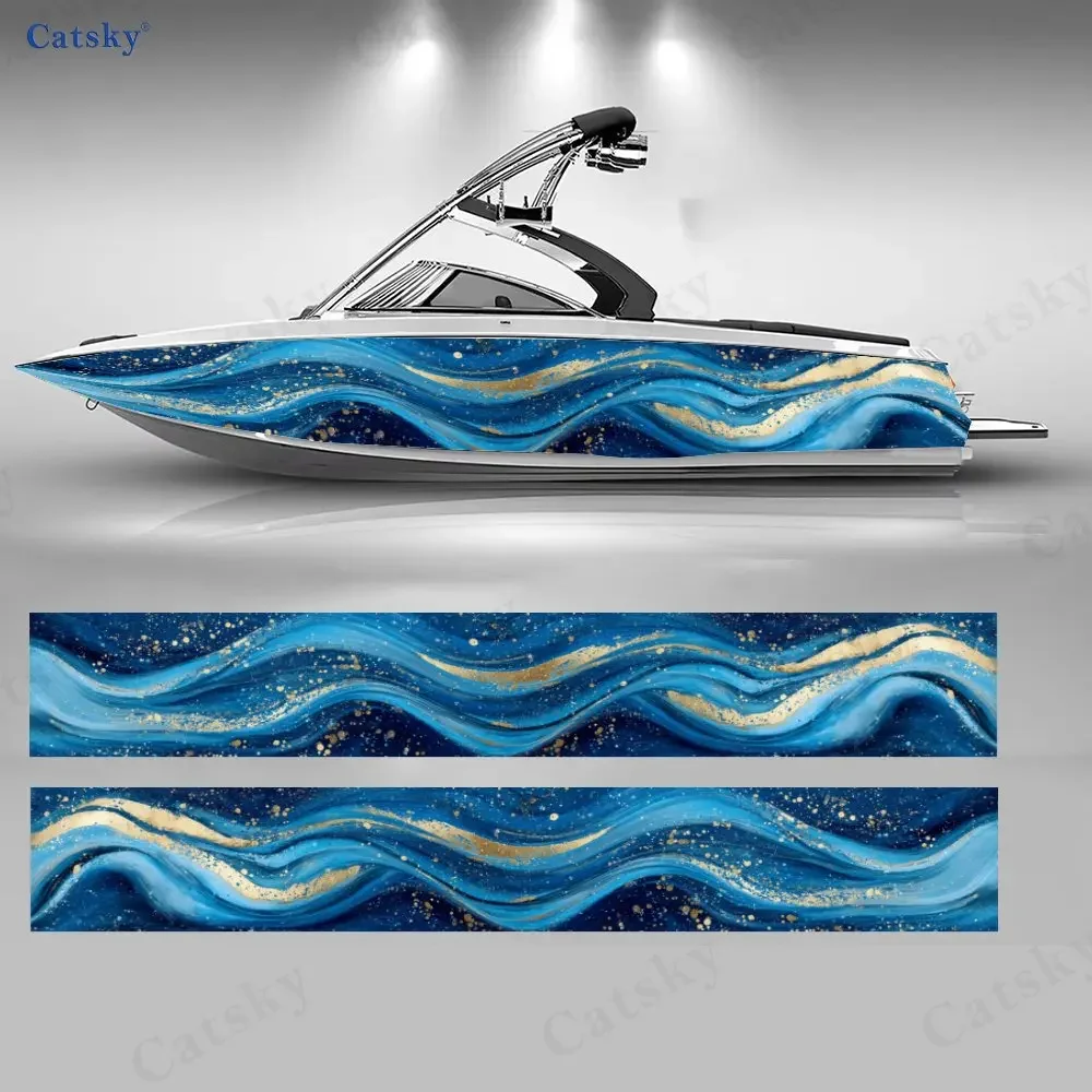 Ink Style Gold-Blue Fluid Mist Boat Stickers, PVC Waterproof Vinyl Wrap Decals for Fishing Boats, Durable and Stylish Design