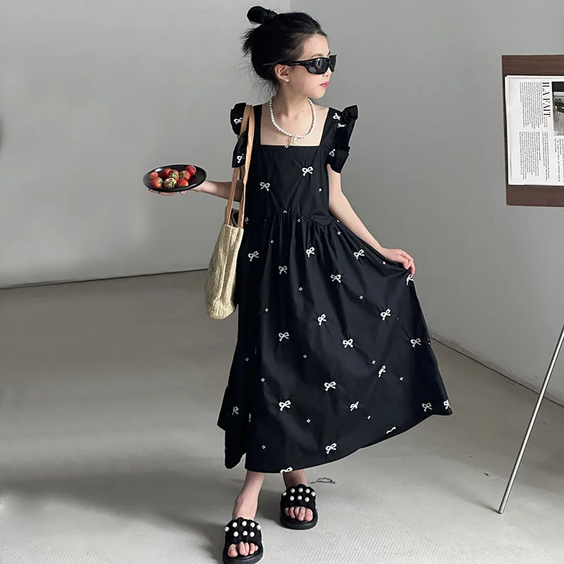 Meninas vestido de princesa preto crianças 2024 nova coleção verão moda simples casual vestido longo coreano estilo simples saia