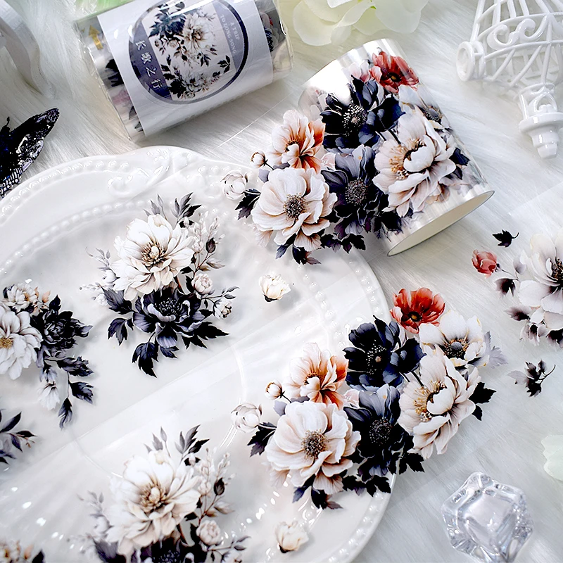 2M/Roll Black And White Flower PET Tape Ink Style Decorative Tape For Card Making Scrapbooking Planner Journal Stationery