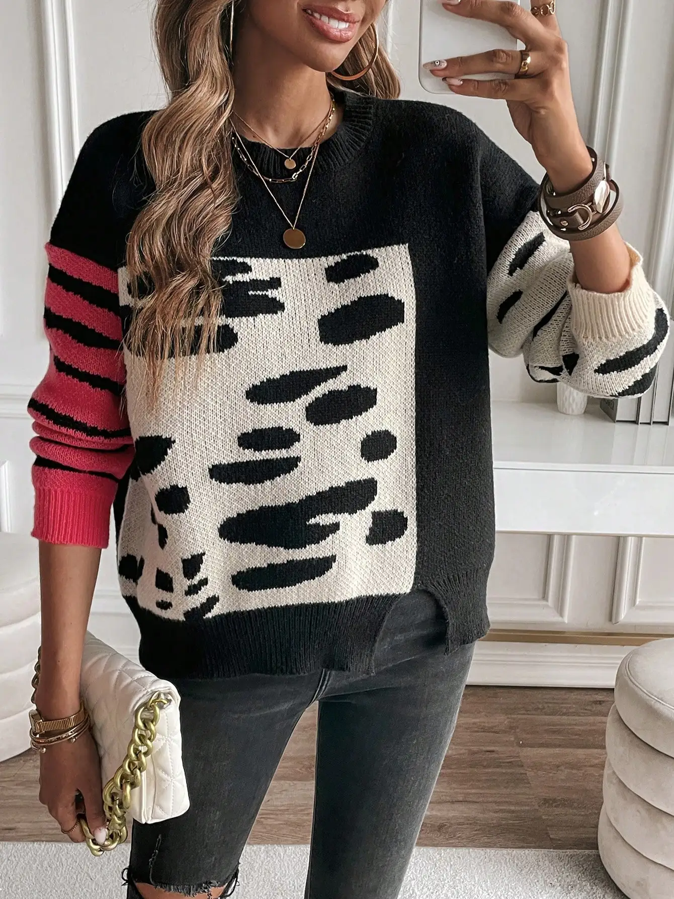 Jersey de punto informal suelto con cuello redondo y manga larga con estampado animal y bloques de color para mujer