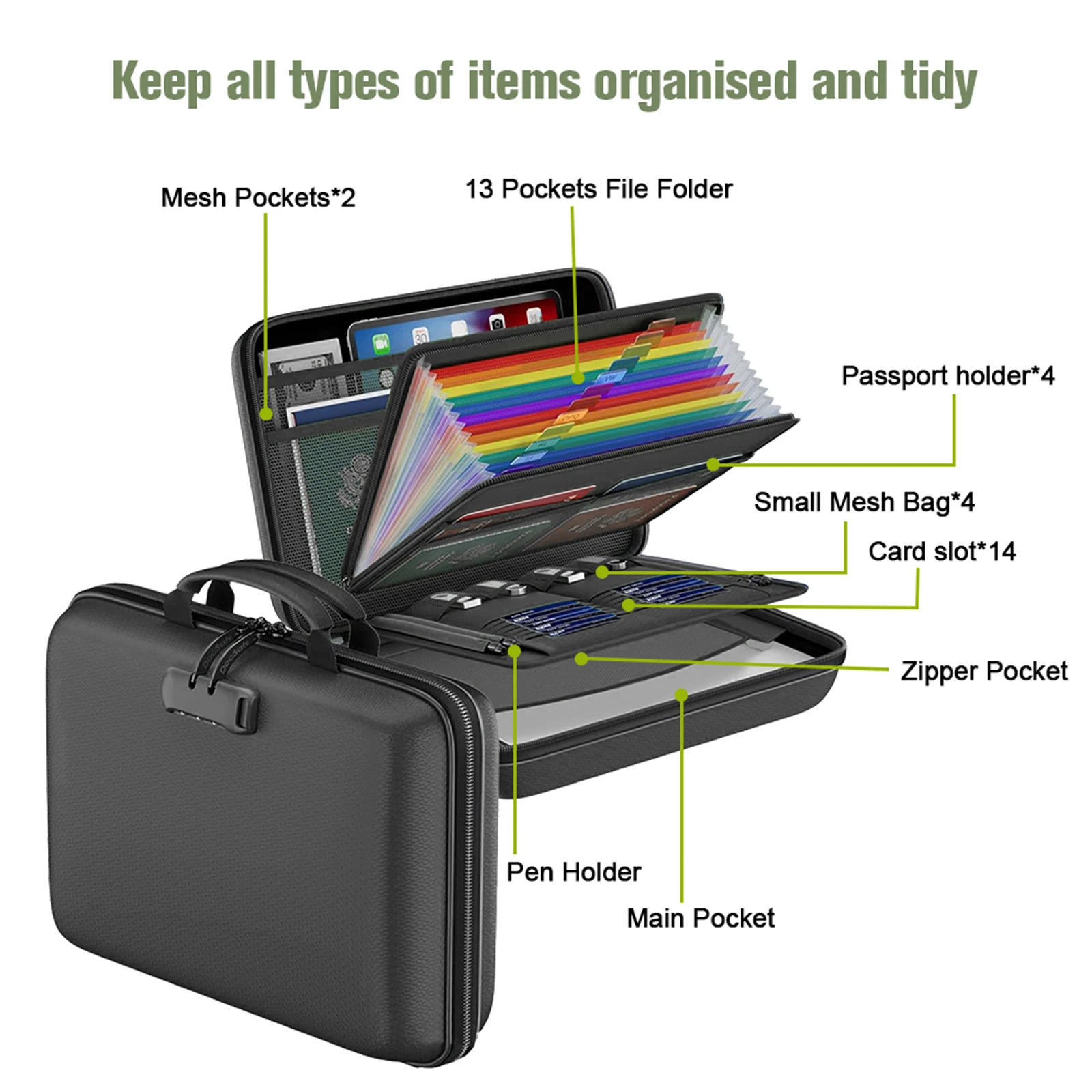 13 Accordion Pocket Fireproof Document Box Waterproof File Briefcase (Black)