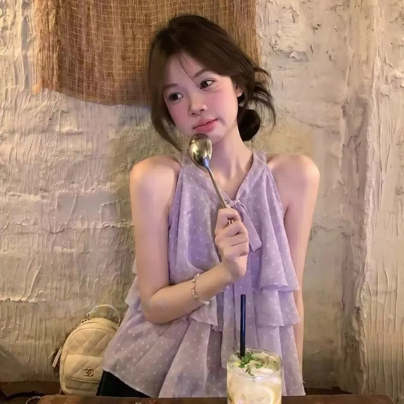 Women Clothes Summer Korean Fashion Simplicity Trend Polka Dot All-match Fashionable Sweet Young Style Ruffles Sleeveless Top Te