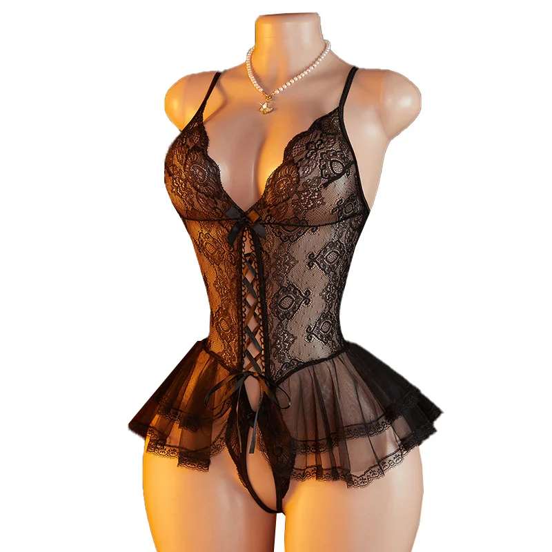 

Прозрачное черное кружево, сексуальное нижнее белье Babydoll без вырезов, женские пижамы, открытый бюстгальтер, сексуальная ночная рубашка, женские эротические костюмы