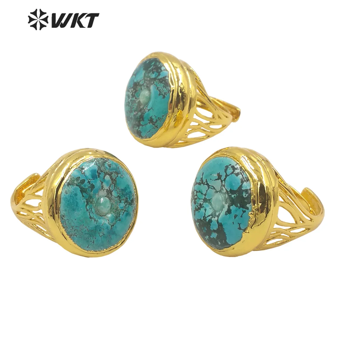 WT-R410 WKT Good-Looking Natural Stone Ring Turquoise Round Button Shape Wide Edge Adjustable Women Men Gift Jewelry Finding