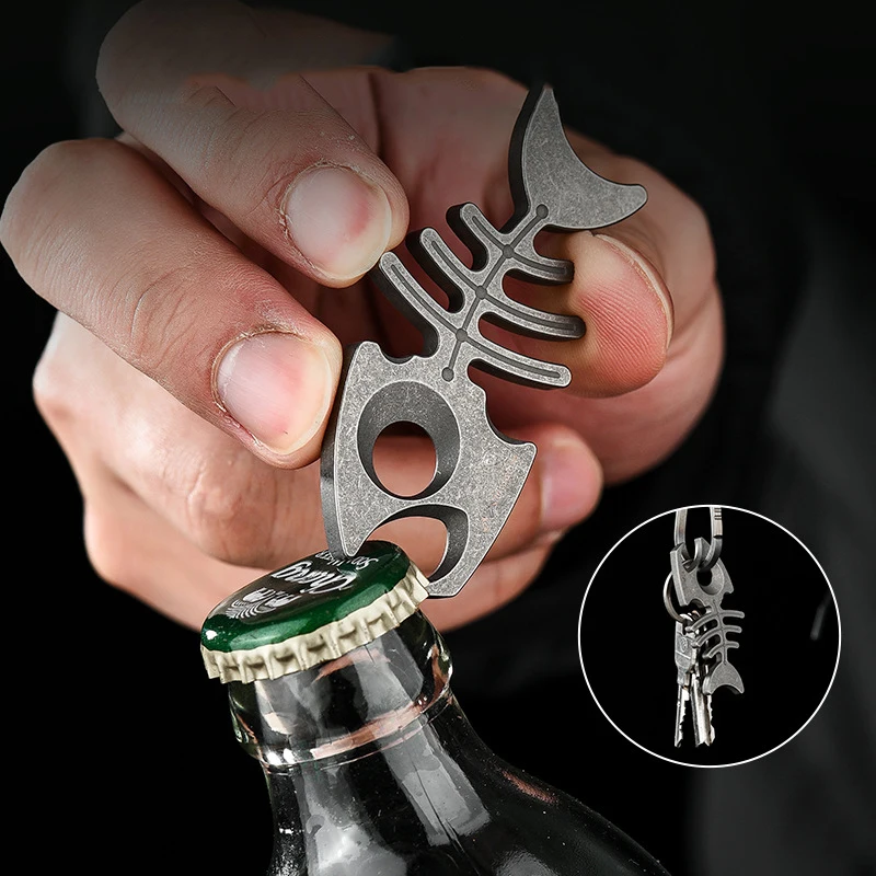 Titanium Alloy Outdoor EDC Small Tool Bottle Opener Fish Bone Shaped Keychain Pendant