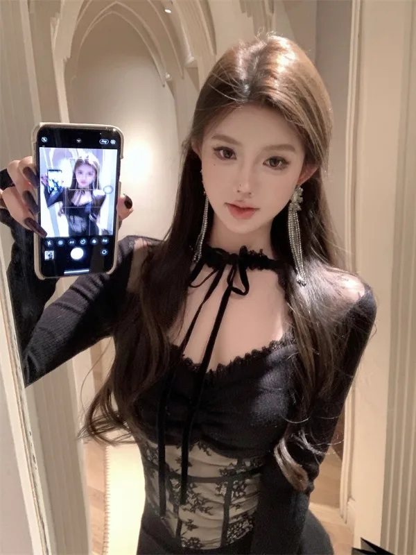 plus Size Lace Slim Fit Long Sleeve T-Shirt Women's Pure Desire Style Base Shirt Fat MM Slim Sexy Fishbone Top