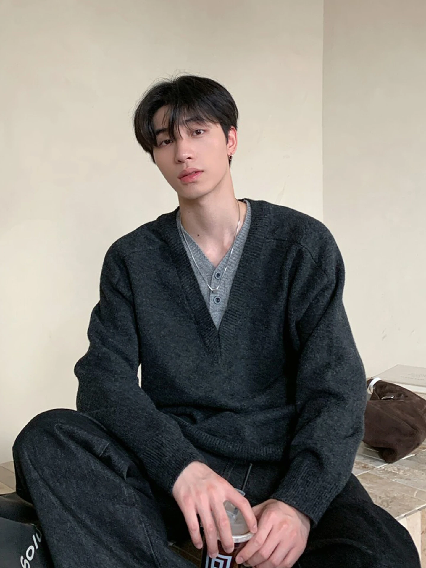 

Мужской вязаный свитер Deep ey V-Ne Knitwear: зимний, повседневный, свободного кроя, для ношения под одеждой, в американском стиле, для отдыха