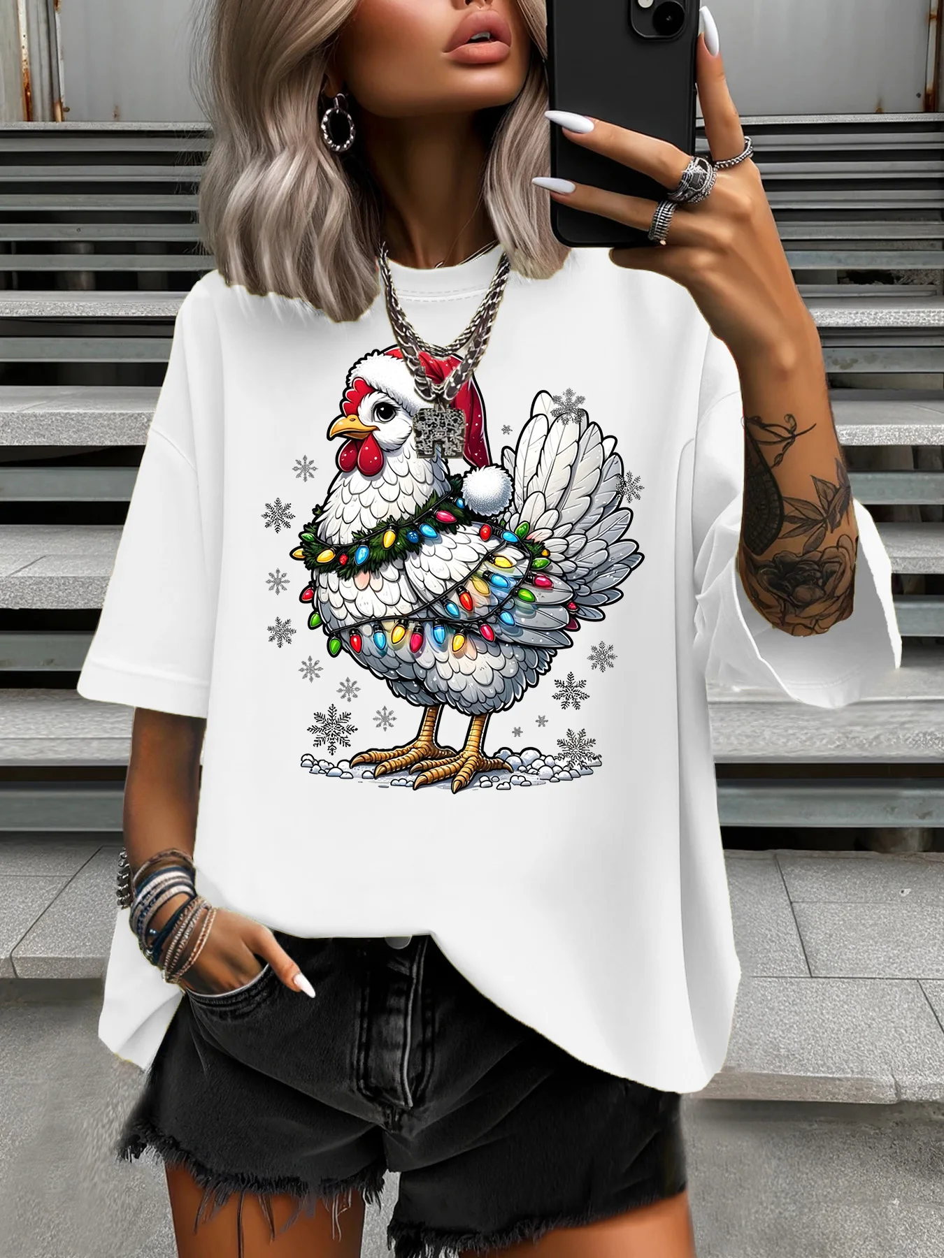 Zomer Dames Plus Size T-shirt Origineel Ontwerp Sneeuwvlok Kerstmuts Gedrukt Dames Casual Ronde Hals Korte Mouwen Tops