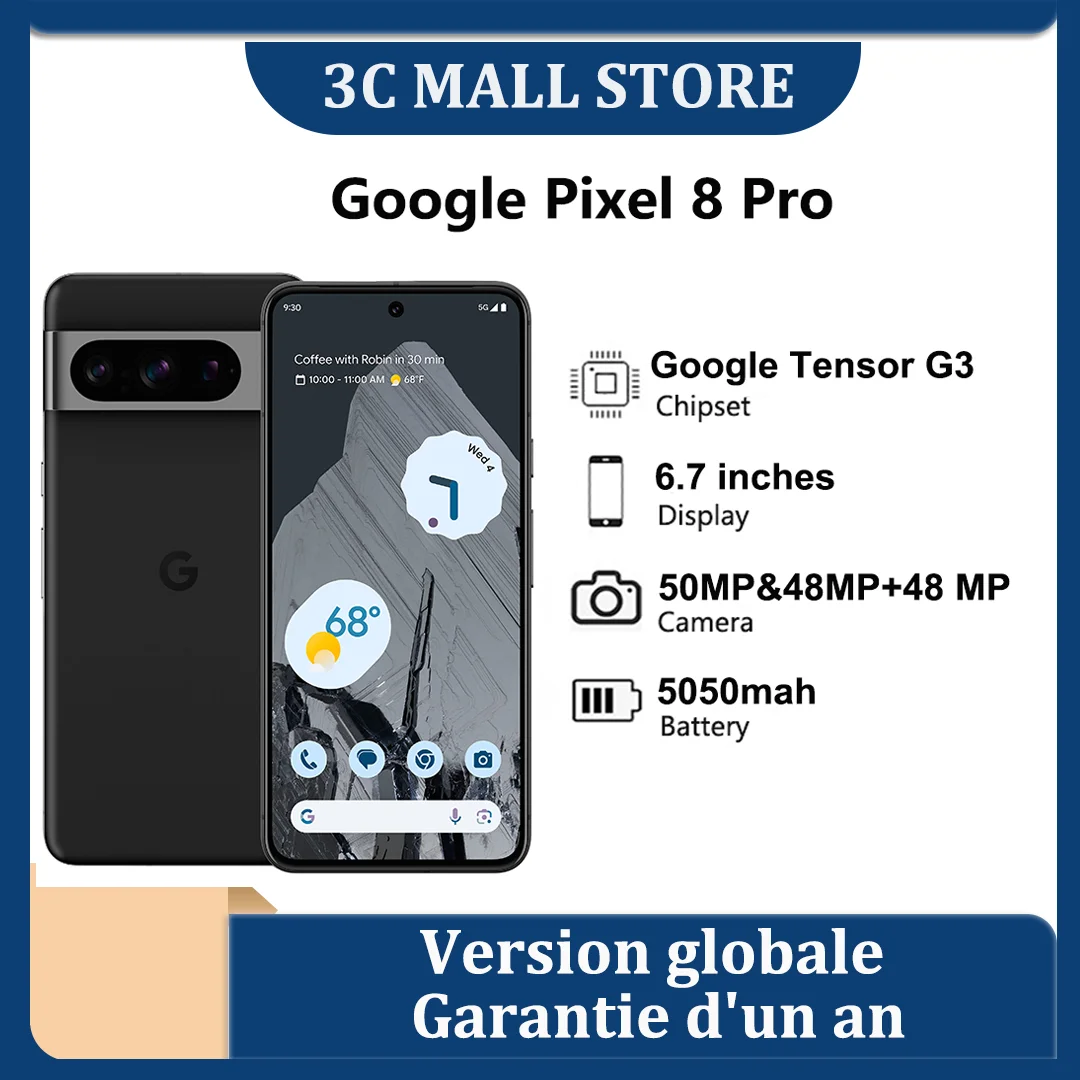 Google Pixel 8 Pro, Google Tensor G3, 6,7, 50 MP and 48 MP, OLED 120Hz, IP68/water resistant, 5050 mAh, 5G