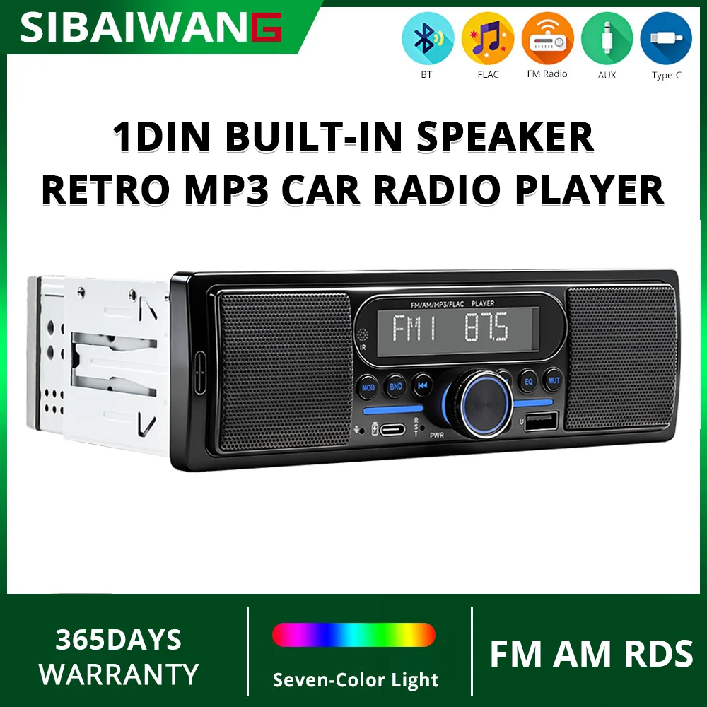 

Universal 1Din Car Retro Radio Built-in Speaker MP3 Player Stereo Dual BT FM AM RDS Radio AUX-In USB EQ Type-C Charging 55W*4