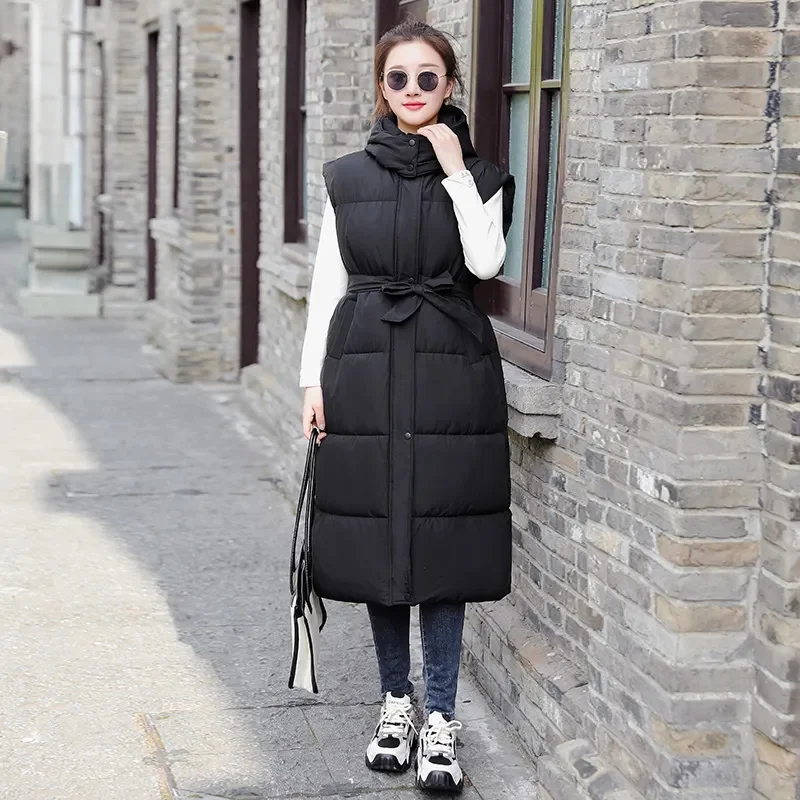 2024 New Women\'s Long Coat Vest With Hood Autumn Winter Sleeveless Warm Cotton Down Coat Waistcoat Vest Down Jacket Outwear