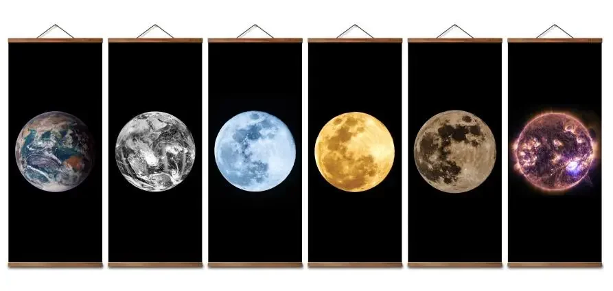MT0096 Chinese Style Galaxy ( Space Milky Way Saturn Mars Moon ) Canvas Decorative Wall Art Posters Solid Wood Scroll Paintings
