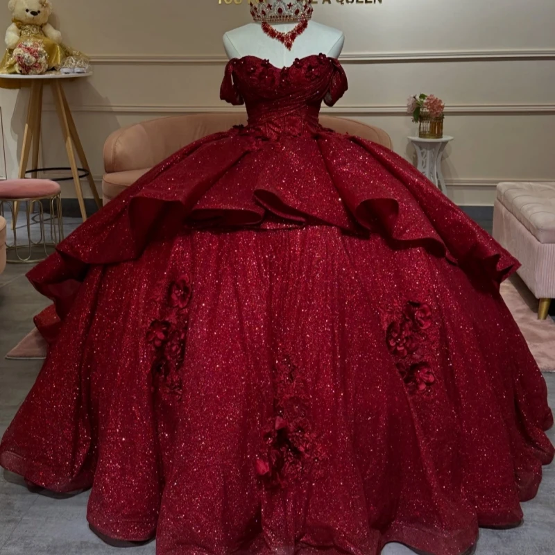 

Red Shiny Quinceanera Dresses Off The Shoulder Applique Flower Beading Crystal Tull Corset Party Birthday Sweet 16 Dress Vestido