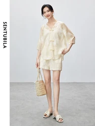 SENTUBILA Chinese Style Women's Suit V-neck Chiffon Shirt Camisole Elastic Waist Shorts 2024 Summer Woman Matching Set 142Z55224