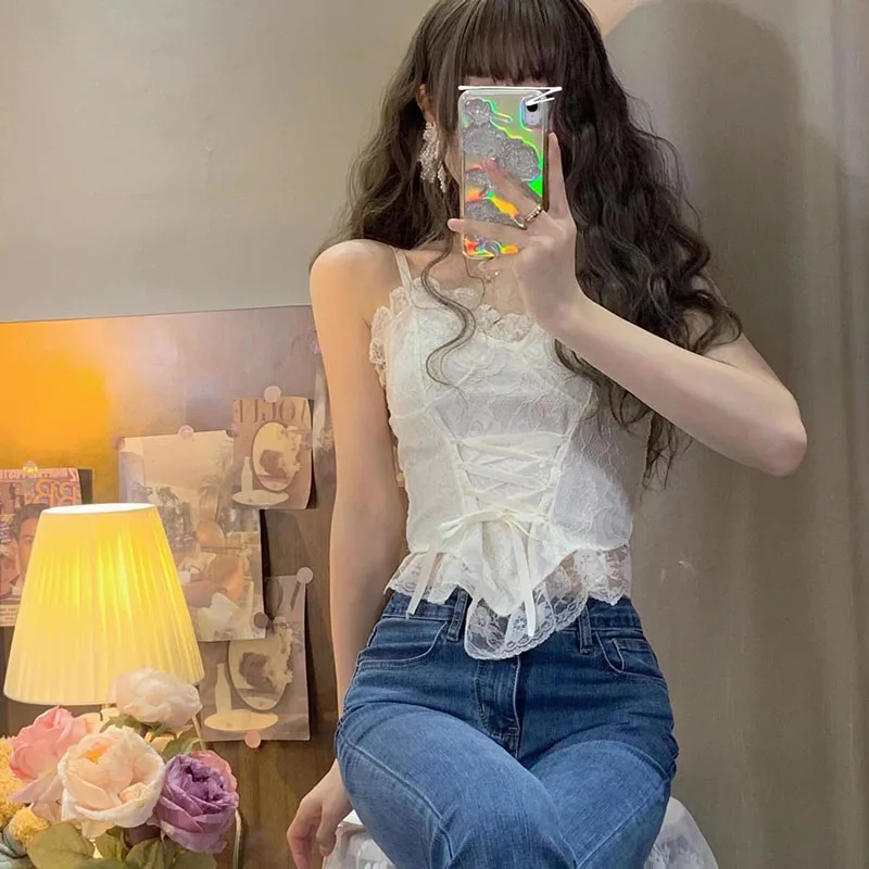 French style Camisoles niche design mesh stitching and mushroom edge camisole women spring summer lace up slim fit vest Tanks