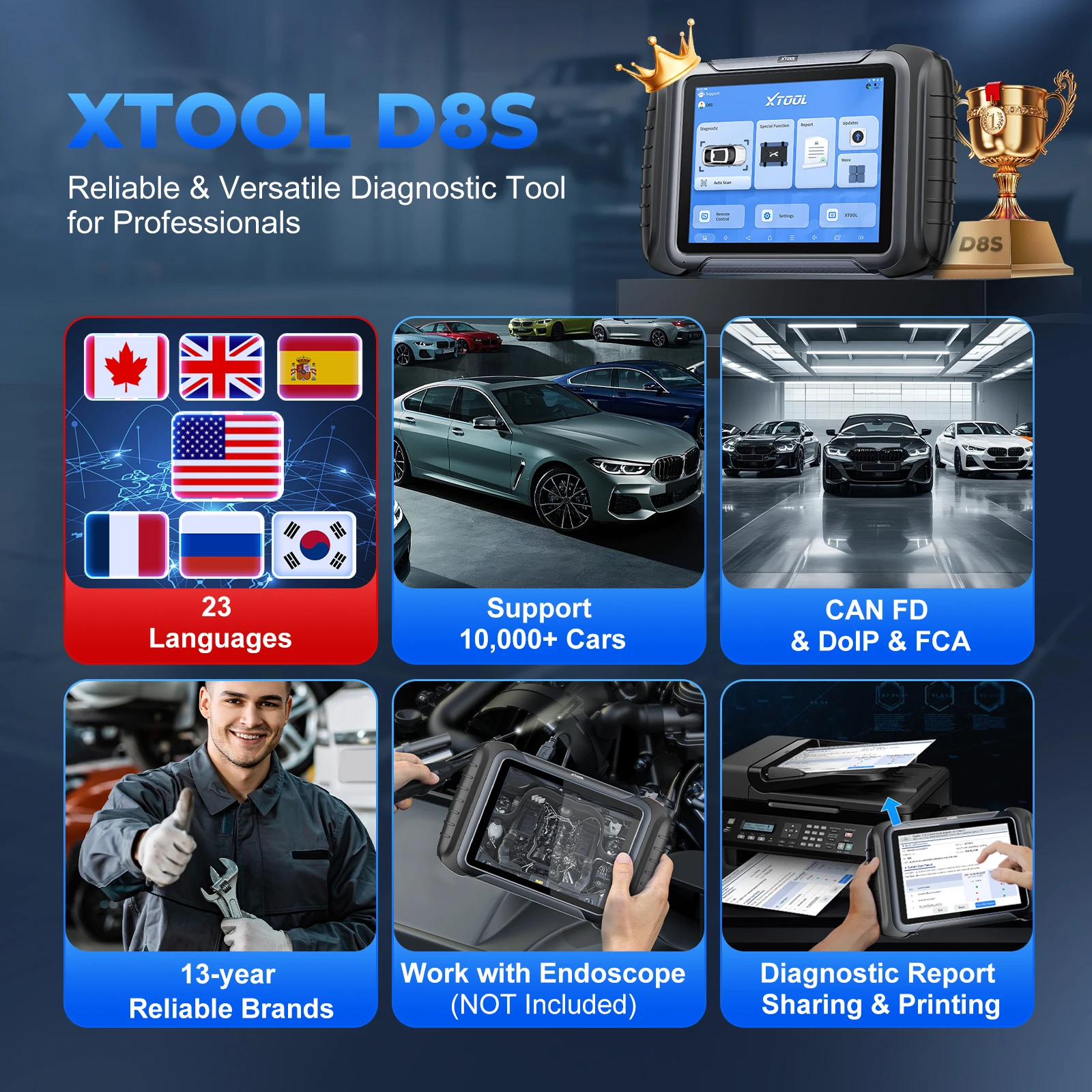 XTOOL D8S Auto Obd2 الماسح الضوئي D8 S أداة مسح ثنائية الاتجاه طوبولوجيا رسم الخرائط ECU الترميز 42 + إعادة تعيين جميع الأنظمة التشخيصية للسيارة
