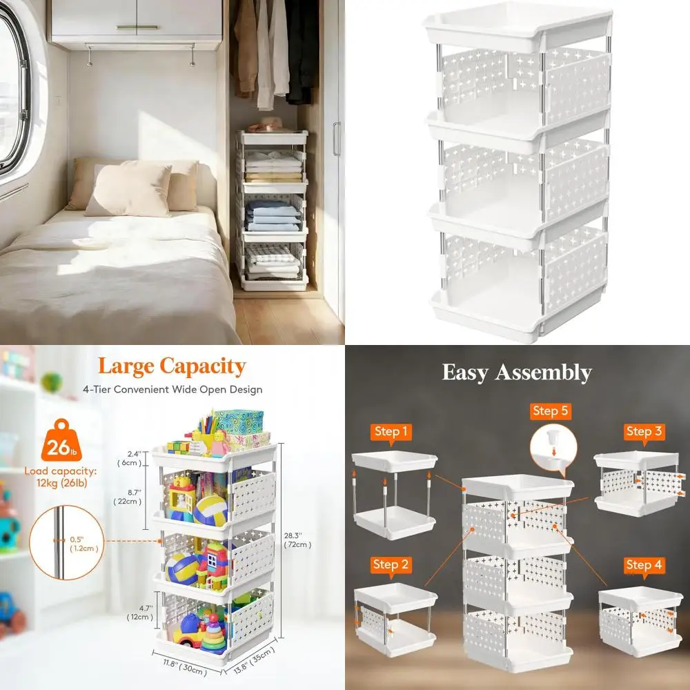 

4-Tier Stackable Storage Bins for Food, Clothes, and More, Multifunctional Organizer for Home, RV, Playroom, 13.8 x 11.8 x 28.3,