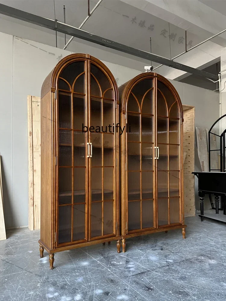 American Light Luxury Solid Wood Bookcase Living Room Art with Changhong Glass Door Retro Arched Cabinet